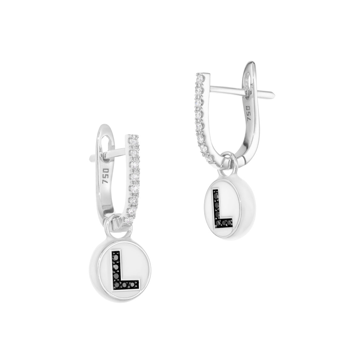 Diamond pave huggies with letter bead in white gold